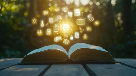 An open book in a serene natural setting, surrounded by glowing symbols representing knowledge and learning, inviting creativity and discovery.の素材