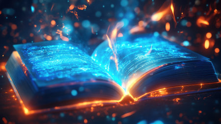 A mesmerizing open book radiates glowing blue and orange energy, creating an enchanting effect. Perfect for illustrating concepts of magic, knowledge, and imagination.の素材