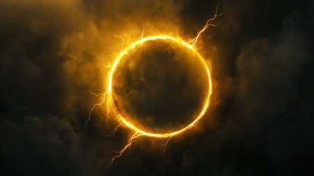 Captivating image of a solar eclipse surrounded by dramatic lightning and dark clouds, creating an electrifying atmosphere and showcasing natureの素材
