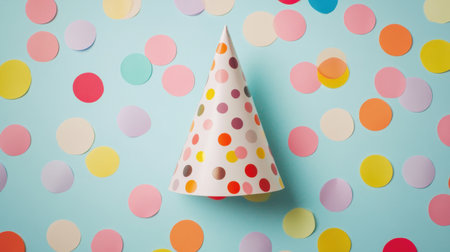 A vibrant party hat adorned with colorful polka dots sits atop a turquoise background scattered with confetti circles, creating a joyful and festive atmosphere perfect for celebrations.の素材