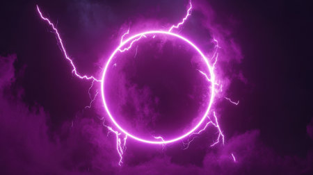 A mesmerizing image depicting a glowing purple circle framed by vibrant lightning against dark clouds, creating a dramatic and surreal atmosphere.の素材