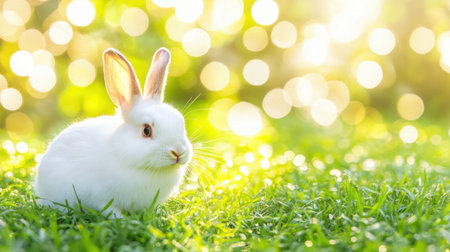 A charming white rabbit sits gracefully on vibrant green grass, surrounded by a dreamy blurred background, capturing the essence of nature's beauty and tranquility.の素材