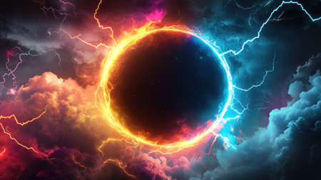 A stunning cosmic background showcasing a dark center surrounded by vibrant light and rough clouds, enhanced by dynamic energy and lightning effects.の素材