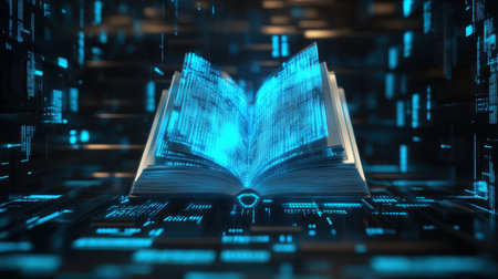 A captivating digital book emerges in a futuristic virtual space, showcasing the blend of technology and knowledge. Perfect for themes of education and innovation.の素材