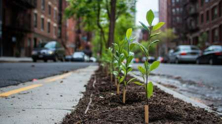 Young plants line the edge of an urban street, showcasing nature's resilience amidst city life. The fresh greenery enhances environmental beauty and sustainability.の素材