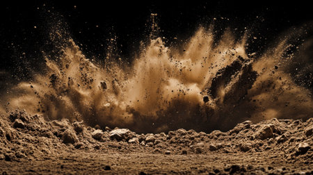 This stunning image captures a dynamic explosion of dust and particles in a dark background, showcasing energy and movement in a powerful display.の素材