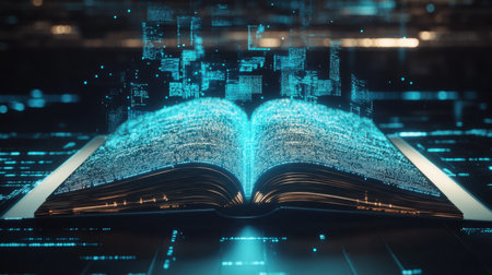An open book surrounded by glowing digital data elements, representing the fusion of traditional knowledge and modern technology in a futuristic context.の素材