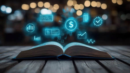 An open book rests on a wooden table, surrounded by glowing business data visualization graphics. Ideal for concepts of learning, analytics, and finance.の素材