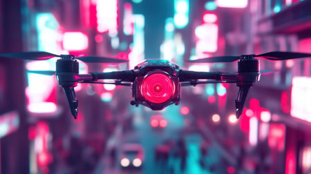 A striking drone hovers in a vibrant, neon-lit urban landscape, showcasing modern technology in motion. The scene captures the essence of innovation.の素材