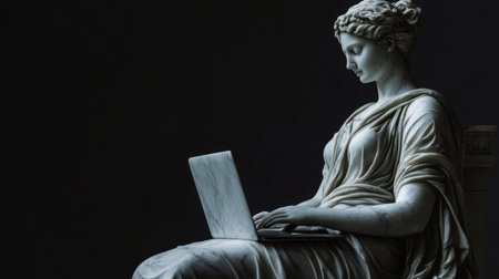 This artwork features a classical statue of a woman using a laptop, blending traditional elegance with modern technology, symbolizing a fusion of art and innovation.の素材