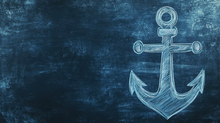 This is a simple chalk drawing of an anchor on a dark background, perfect for maritime-themed projects, illustrations, and creative designs.の素材
