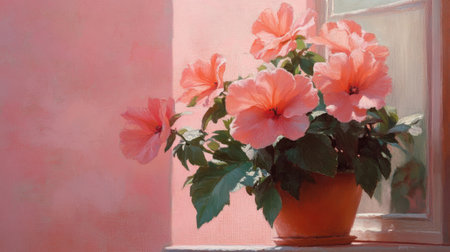 A beautiful arrangement of pink hibiscus flowers in a pot, bathed in warm sunlight by a window. Perfect for adding a touch of nature to any space.の素材