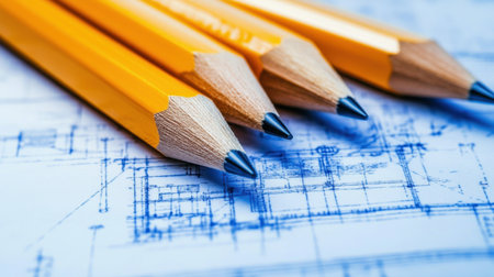 Close-up of sharpened pencils resting on architectural blueprints, highlighting tools for creativity and design in an artistic workspace setting.の素材