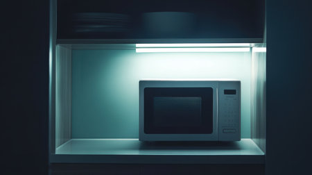 A sleek microwave sits on a minimalistic kitchen shelf, illuminated softly, showcasing modern design and functionality in a compact space. Perfect for home cooking.の素材