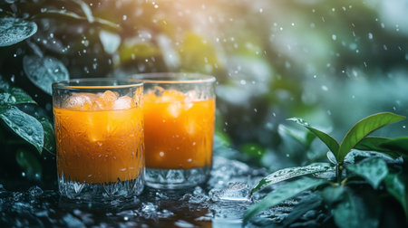 Two refreshing orange drinks with ice sit in a lush garden during a gentle rain, capturing a serene moment of relaxation amidst nature's beauty.の素材
