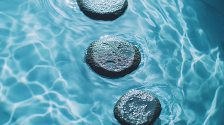 Experience a moment of serenity with smooth stones resting peacefully in a clear blue pool, creating a tranquil ambiance for relaxation and meditation.の素材