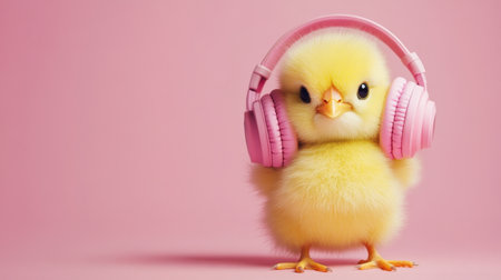 This adorable chick in pink headphones exudes charm and joy, perfect for conveying fun, leisure, and youthful energy in photographs or marketing materials.の素材