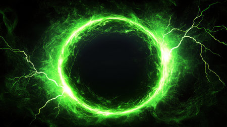A stunning abstract design featuring a vibrant green energy portal surrounded by electric lightning effects, creating a mystical and dynamic atmosphere.の素材