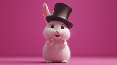 A charming and playful rabbit wearing a top hat against a vibrant pink background. This cute character brings joy and whimsy, perfect for creative projects.の素材