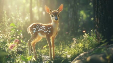 A cute fawn stands gracefully in a sunlit forest, surrounded by vibrant flowers and lush greenery. This serene moment captures the beauty of wildlife in nature.の素材