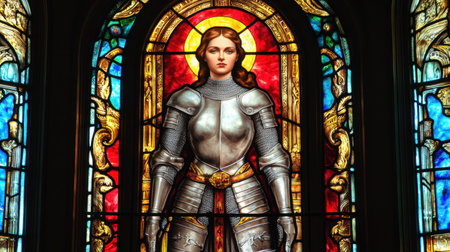 This stained glass window features a powerful female knight in shimmering armor, beautifully designed with vibrant colors that inspire awe and admiration.の素材