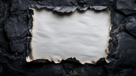 A striking image featuring a blank piece of paper with burnt edges set against a dark, textured stone background. Ideal for creative projects or mockups.の素材
