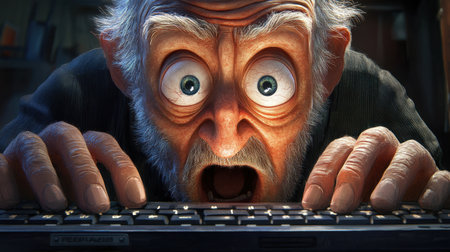 An elderly man displays a shocked expression while using a computer keyboard, capturing the emotions of surprise and curiosity in a digital age.の素材