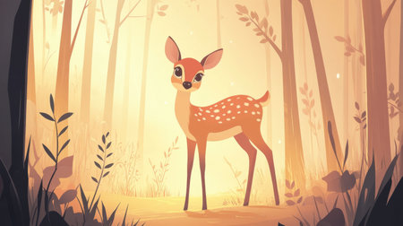 A charming young deer stands in a mystical forest bathed in soft light, capturing a tranquil moment in nature. Ideal for serene nature themes.の素材