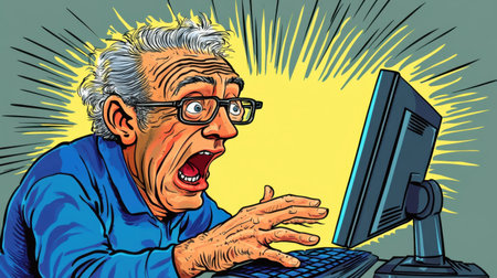 An elderly man shows extreme shock while looking at a computer screen, capturing a humorous and exaggerated reaction in vibrant colors and style.の素材