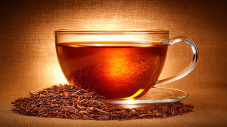 A warm, inviting cup of tea sits on a saucer, surrounded by loose tea leaves. The amber liquid glows softly, creating a cozy atmosphere perfect for relaxation.の素材