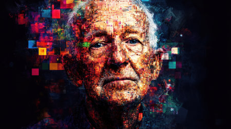 This vibrant abstract portrait captures the essence of an elderly man, blending colors and textures to evoke deep emotion and reflection in the viewer.の素材