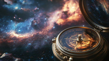 A vintage compass set against a stunning galaxy backdrop, symbolizing navigation and exploration through the vast cosmos. Perfect for themes of adventure.の素材