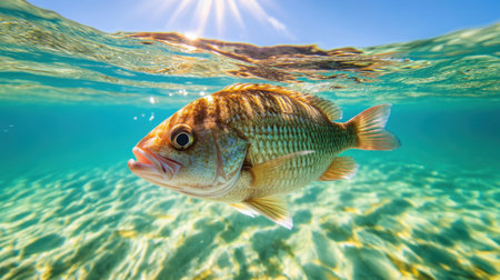 A stunning view of a vibrant fish swimming gracefully in clear tropical water, illuminated by sunlight, showcasing the beauty of underwater life.の素材