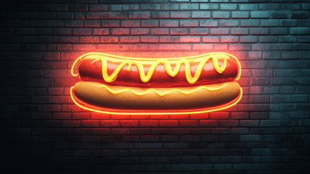 A vibrant neon hot dog sign illuminates a textured brick wall, capturing the essence of fast food culture. Perfect for evoking a cheerful dining atmosphere.の素材