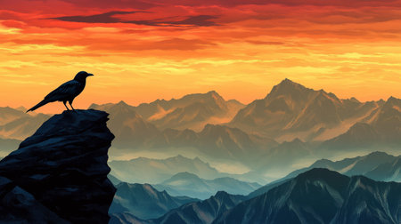 A striking silhouette of a raven on a rocky ledge at sunset, overlooking vast mountain ranges. The colorful sky creates a serene and tranquil atmosphere.の素材