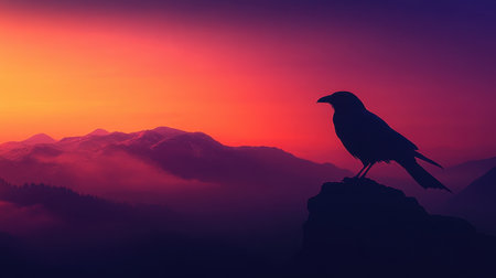 A serene silhouette of a raven set against a vibrant sunset sky. The scene showcases the beauty of nature with majestic mountains in the background.の素材