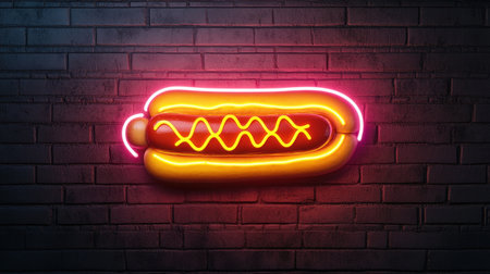 A vibrant neon hot dog sign illuminated against a textured brick wall, ideal for food-related themes, restaurants, or social gatherings. Perfect for modern decor.の素材