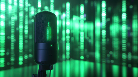 A sleek microphone stands in the foreground, surrounded by a vibrant green neon background. This image captures the essence of modern sound recording and technology.の素材