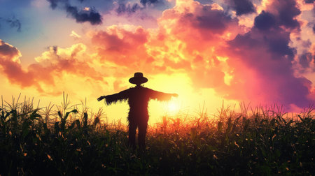 A stunning silhouette of a scarecrow against a vibrant sunset in a cornfield. This image captures the essence of tranquility and rural beauty in agriculture.の素材