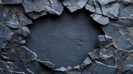 This image features a dark stone texture with a cracked edge, creating a unique frame. The rough surface offers an artistic backdrop for various designs.の素材