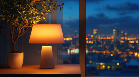 A warm lamp illuminates a cozy interior space beside a plant, with a stunning city skyline visible through the window at twilight. The scene evokes relaxation.の素材