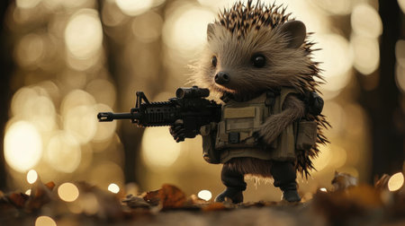 A cute hedgehog dressed as a soldier, holding a weapon in a serene forest setting. This whimsical scene captures a playful and imaginative character amidst autumn leaves.の素材