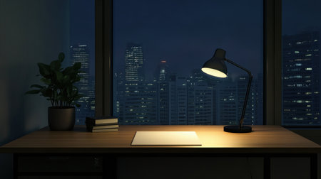 A serene night scene showcasing a cozy workspace with a desk lamp illuminating a clean surface, complemented by a plant and a stunning city skyline view.の素材