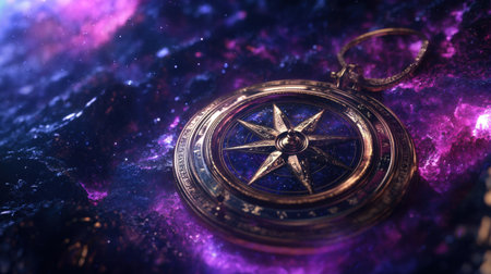 A stunning close-up of an elegant antique compass set against a vibrant cosmic background, symbolizing exploration and adventure in the vast universe.の素材