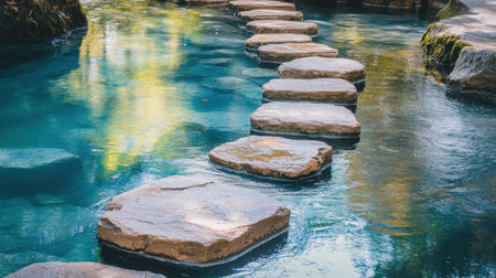 A serene stone pathway leads across clear blue water, creating a peaceful scene perfect for relaxation or exploration in nature. Ideal for travel and outdoor themes.の素材