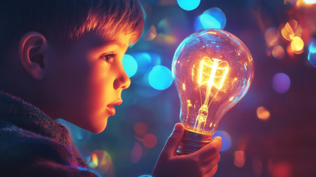 A young boy gazes in awe at a glowing light bulb, surrounded by a dreamy, colorful background that evokes feelings of wonder and creativity.の素材