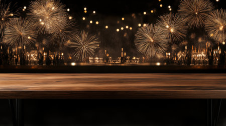 A beautifully lit background featuring fireworks and sparkling lights over a wooden table, perfect for festive celebrations and joyful gatherings.の素材