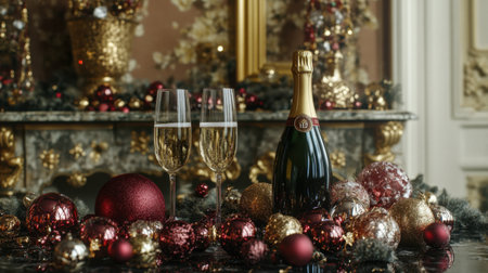 Celebrate the season with this elegant setup featuring champagne, festive decorations, and beautiful ornaments, capturing the essence of joyful holiday gatherings.の素材