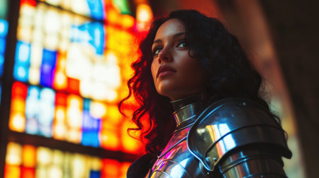 A captivating portrait of a female knight in armor, set against a vibrant stained glass backdrop. This image evokes themes of bravery, strength, and history.の素材