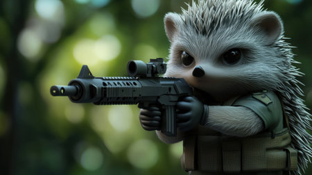 A cute hedgehog character dressed as a soldier, holding a weapon in a vibrant jungle setting. Perfect for adventure themes, showcasing bravery and playfulness.の素材